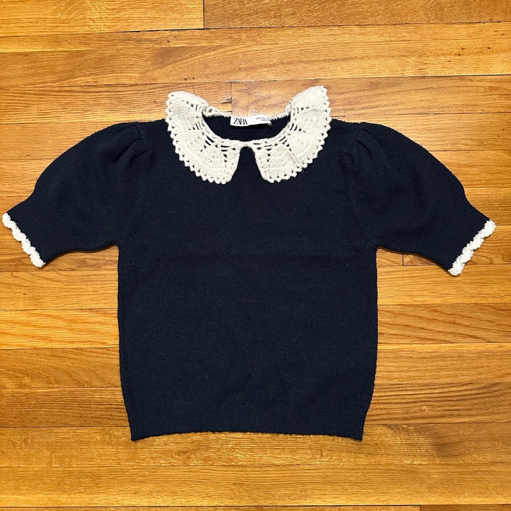 Zara Women Dark Blue Sweater with Lace Collar
